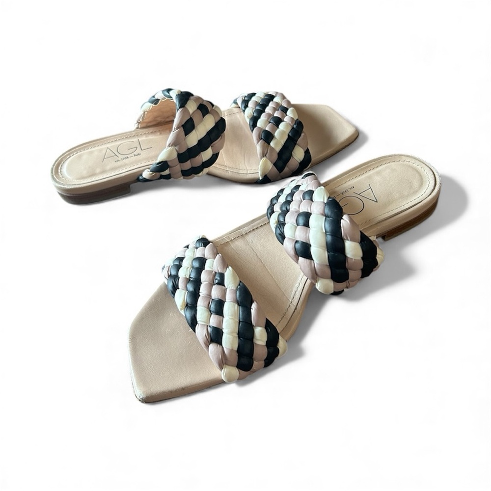 AGL Pink Black Cream Sandals Braided Italian Leather size 8 1/2